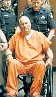  ??  ?? OVERDUE DAY IN COURT: Shackled to a wheelchair, Joseph DeAngelo, 72, hears the charges Friday.