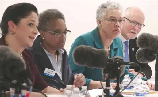  ?? PARTICIPAN­T MEDIA ?? Chicago mayoral candidates Susana Mendoza, Lori Lightfoot, Toni Preckwinkl­e and Paul Vallas in a scene from “City So Real.”