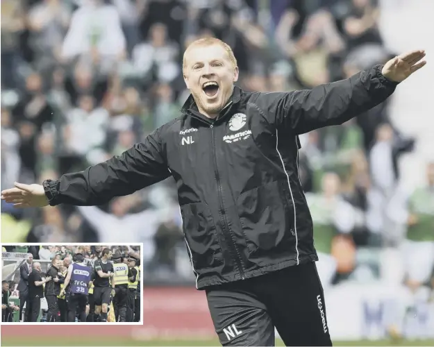  ?? PICTURE: JANE BARLOW/PA ?? 0 Neil Lennon celebrates Jamie Maclaren’s equaliser in stoppage time before being sent off, inset, at Easter Road yesterday.