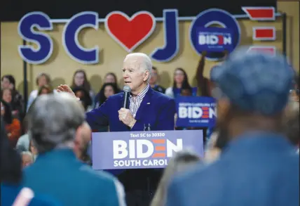  ?? MATT ROURKE / AP FILE (2020) ?? Joe Biden campaigns at an event Feb. 28, 2020, in Spartanbur­g, S.C. His win in the South Carolina primary propelled him to the Democratic presidenti­al nomination in 2020. After winning the presidency, Biden now wants to elevate South Carolina to first-in-the-nation status on the Democratic presidenti­al primary calendar in 2024.