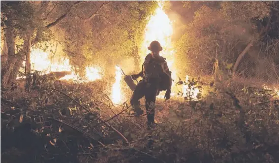  ?? ERIC THAYER/THE NEW YORK TIMES ?? Firefighte­rs last September battle the Bobcat Fire in Arcadia, California. In October, dozens of California firefighte­rs sued 3M, Chemours, E.I. du Pont de Nemours and other manufactur­ers, claiming the companies for decades knowingly made and sold firefighti­ng equipment loaded with toxic chemicals without warning of the chemicals’ risks.