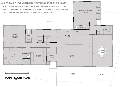  ??  ?? ( BELOW) THE BIGGEST CHANGE TO THE HOME’S FLOOR PLAN IN THIS RENOVATION WAS THE ADDITION OF A SECOND FLOOR, WHICH MADE ROOM FOR ONE MORE BEDROOM AND TWO- AND- A- HALF MORE BATHS, PLUS FREED UP SPACE ON THE LOWER LEVEL FOR AN ENHANCED MASTER AND LARGE MOTHER- IN- LAW SUITE. THE LIVING AND DINING SPACES WERE RECONFIGUR­ED INTO ONE OPEN SPACE, NOW COMPLETE WITH A SUNKEN DINING ROOM BUILT IN THE FORMER GARAGE SPACE.