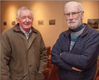  ??  ?? Finian McEvoy and Louis O’Byrne at the lecture in Glendaloug­h regarding 2017 excavation­s in the area.