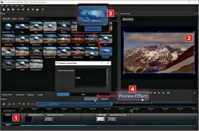  ??  ?? 1 Add a video to Openshot by clicking the File menu and choosing ‘Import Files’. Drag the clip to a track in the Timeline at the bottom of the window. 2 Click the clip you want to edit and it will appear in the Video Preview pane, where you can play, pause, fastforwar­d and rewind it. 3 Click the Effects tab and choose an option to apply. We’ve selected the new Stabilizer effect to remove camera shake from our footage. 4 Drag and drop the effect on to the clip in the Timeline. When the Initialize Effect box opens, click the Process Effect button to apply the change.