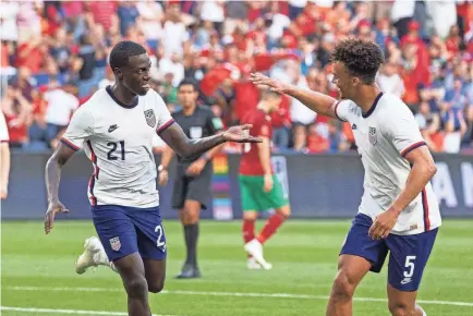  ?? TREVOR RUSZKOWSKI/USA TODAY SPORTS ?? Tim Weah, left, was 12 when he got his first call-up with a U.S. youth team and eventually played in both the Under-17 and U-19 World Cups. He made his debut with the USMNT in March 2018.