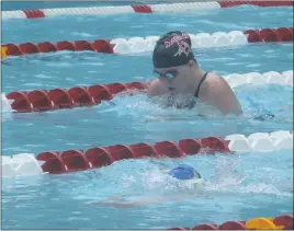  ??  ?? Smallwood’s Cora Jameson competes in the girls 13- to 14-year-old 100-meter individual medley during the Marlins’ meet with visiting Montpelier Community on Saturday. Jameson won one event, the 13-14 50 backstroke, in Smallwood’s 310-264 win.