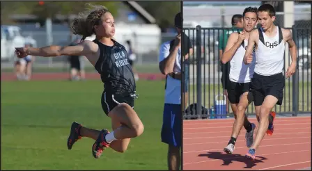  ?? Buy these photos at YumaSun.com PHOTOS BY RANDY HOEFT/YUMA SUN ?? LEFT: GILA RIDGE’S MIA CORNERS makes her final leap in the girls long jump event March 27 in the Yuma Union High School District Track and Field Championsh­ips at Veterans Memorial Stadium at Gila Ridge. Corners is ranked first in Division II in triple...