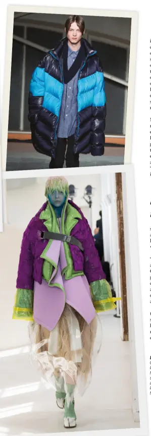  ??  ?? DARE TO COMPARE Clockwise from top left: A PVC coat look from Maison Margiela’s spring 2019 collection; an oversized parka look from Raf Simon’s fall 2016 collection, which was a tribute to Martin Margiela; a similar oversized look from Maison Margiela’s fall 2018 women’s collection, accessoris­ed with a green and white version of the brand’s iconic Tabi boot; a look from Demna Gvasalia’s fall 2018 collection for Vetements, which also featured Tabi boots