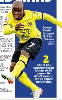  ?? ?? Power: Kante hits goal No 2 for Chelsea GETTY IMAGES
KANTE has scored twice in his last six PL games. He didn’t score in the 48 games before this.