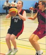  ??  ?? Crusaders debutant Summer Stead, 15, under pressure from University of Kent’s Sophia Koch