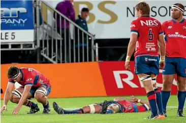  ?? GETTY IMAGES ?? Tasman players are disconsola­te after Canterbury toppled the Mako in the NPC semi-final at Trafalgar Park on Friday night.