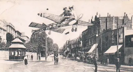  ??  ?? Above: This “flying flirtation” wouldn’t have fooled anyone, but was a bit of fun, probably designed as a Valentine. Dated 1913, it was probably one of a series whose maker pasted the couple in the aeroplane onto different locations around the country. This is Bristol’s Gloucester Road, but there’s certainly one of the same lovebirds overflying Blackpool as well. (Bristol Archives 43207/9/19/13)