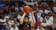  ?? STEVE CONNER - THE ASSOCIATED PRESS ?? San Diego State guard Jordan Schakel (20) shoots a threepoint basket against Boise State during the first half of an NCAA college basketball game, Sunday, Feb. 16, 2020, in Boise, Idaho.