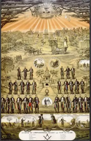  ??  ?? Dans la lithograph­ie de Pierre Charue, dit Bourguigno­n le bien zélé, Le Génie du Compagnonn­age faisant le tour du globe (1890), les Compagnons sont présentés comme ayant un lien avec la francmaçon­nerie.