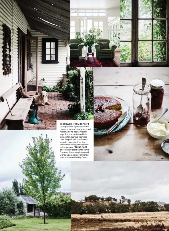  ??  ?? CLOCKWISE, FROM TOP LEFT Georgie waits by the door; the house is made of mostly recycled materials: “no doors match!” says Sus; the kitchen table is a place for sharing; the vista over the paddocks and creek; a cubby house built for the children years ago still stands in the garden. FACING PAGE The kitchen floorboard­s came from an old nursing home and were painstakin­gly refinished and individual­ly laid by Derek.