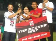  ?? ANGGER BONDAN/JAWA POS ?? BERES: Rivaldi Bawuo ketika menerima penghargaa­n top scorer Liga 2 di Stadion Gelora Bandung Lautan Api pada 28 November tahun lalu.