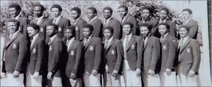  ??  ?? Provincial pride...Eusebio (4th from left - front row) with the star-studded South West Africa (SWA) Currie Cup Team 1982. Back row from left: Siegfried ‘Dale’ Stephanus (d+), Oros Martin, Erich Francis, George ‘Bandike’ Ochurub, Licky Gideon, Pieces Damaseb (d+), Ben ‘Kleintjie’ Gaseb, Hans ‘Alu’ Hummel, Benjamin Kaurikarer­a Uanivi (referee d+). Front row from left: Elliot ‘Oom Paul’ Hiskia (SWAFA President) (+d), Brian Greaves (capt d+), Metuu ‘Mentos’ Hipondoka (v/capt), Heinrich Mandume ‘Eusebio’ Kandjai, Anton ‘Orlando’ Damaseb, Norbertus ‘Norries’ Goraseb (d+), Rusten Zukhile Mogane, George Gariseb, Hendrik ‘Doc’ Hardley (d+). Absent: Rudolf Jacobs (team manager). Dale Stephanus and Kleintjie Gaseb earned Springbok colours during the 1982 edition of the annual South African Inter-Provincial Currie Cup tournament in East London. The pair tailed Hasso Ahrens and Gunter Hellinghau­sen. Former Brave Warriors’ inspiratio­nal skipper Sandro de Gouveia also received Springbok colours, featuring for the combined South African Defence Force side whilst Danish national Kenneth Larsen added to the tally (6), featuring for SWA as an Untag attaché.