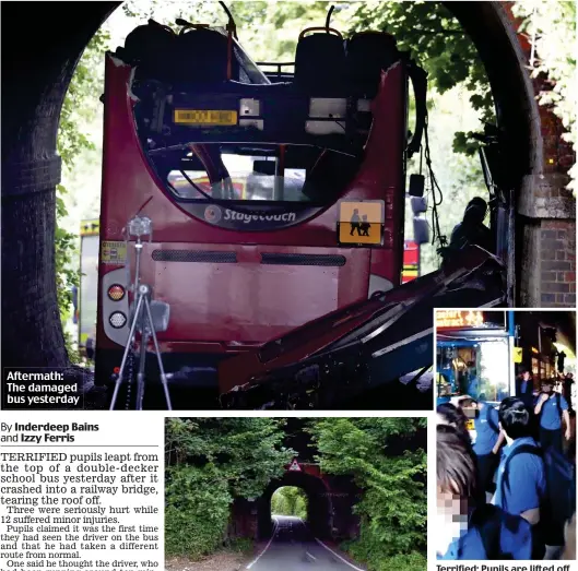  ??  ?? Crash scene: The railway bridge, with a height sign
Terrified: Pupils are lifted off the bus as others walk away Aftermath: The damaged bus yesterday