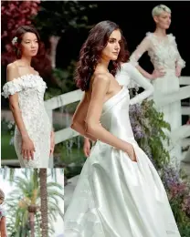  ??  ?? Para la próxima temporada, Pronovias apuesta por vestidos de líneas puras sin aderezos o por diseños cubiertos de flores en relieve. (@pronovias).