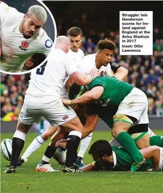  ?? Inset: Ollie Lawrence ?? Struggle: Iain Henderson scores for Ireland against England at the Aviva Stadium in 2017