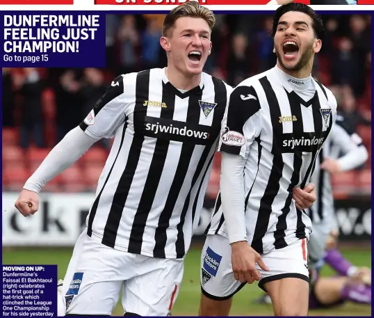  ??  ?? MOVING ON UP: Dunfermlin­e’s Faissal El Bakhtaoui (right) celebrates the first goal of a hat-trick which clinched the League One Championsh­ip for his side yesterday