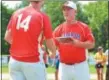  ?? THOMAS NASH — DIGITAL FIRST MEDIA ?? Souderton coach Paul Meara, right, shakes hands with designated hitter Dan Knechel following the Pa. American Legion State Tournament championsh­ip game on Wednesday, Aug. 1, 2018. Souderton’s season ended with a 12-10 loss to Leesburg, Va. Sunday in the Mid-Atlantic Regional Tournament.