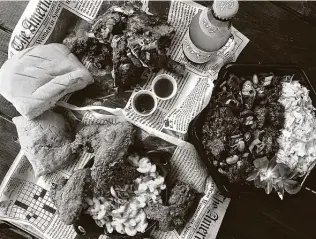  ?? Mike Sutter / Staff file photo ?? The Jerk Shack will be part of Black Restaurant Week San Antonio, Feb. 21-28. Clockwise from top left: coco bread, jerk chicken, Ting soda, braised oxtails, mac and cheese with jerk chicken wings, and a Jamaican beef patty.