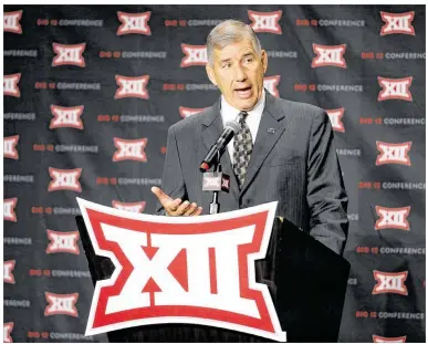  ?? TONY GUTIERREZ / ASSOCIATED PRESS ?? Big 12 commission­er Bob Bowlsby (above, at a July 18 news conference) said he had 11 “very good conversati­ons” with the 11 jilted schools — and “they weren’t happy” after hearing the Big 12 won’t invite them to join.