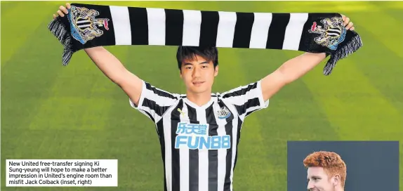  ??  ?? New United free-transfer signing Ki Sung-yeung will hope to make a better impression in United’s engine room than misfit Jack Colback (inset, right)