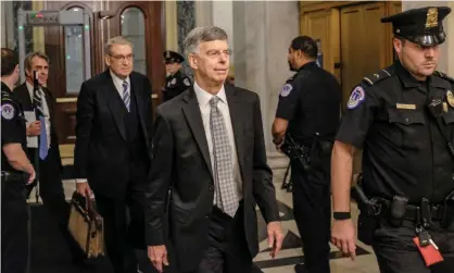  ??  ?? Bill Taylor, the acting ambassador to Kyiv, leaves Capitol Hill on 22 October 2019 after giving his testimony to impeachmen­t inquiry hearings. Photograph: Alex Wroblewski/Getty Images