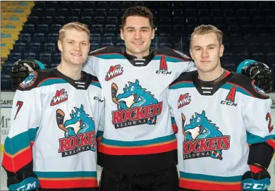  ?? MARISSA BAECKER/Shoot the Breeze ?? Kelowna Rockets Conner McDonald, left, Matthew Wedman and Kyle Topping pose at Prospera Place earlier this season.