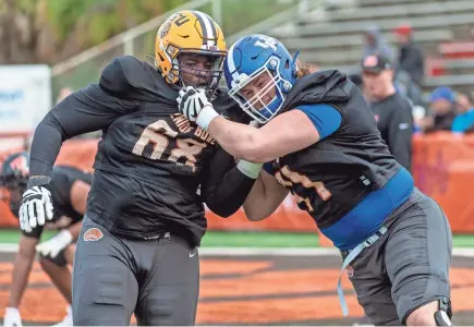  ?? VASHA HUNT/USA TODAY SPORTS ?? LSU offensive lineman Damien Lewis, works against Kentucky guard Logan Stenberg during a Senior Bowl practice Jan. 22.