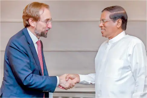  ??  ?? President Maithripal­a Sirisena met United Nations High Commission­er for Human Rights Prince Zeyid Al Hussein on Friday night, in New York.