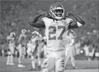  ?? KELVIN KUO/AP PHOTO ?? Kansas City Chiefs running back Kareem Hunt reacts to a play during the second half of a game against the Los Angeles Rams on Nov. 19 at Los Angeles.