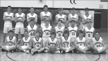  ?? Alex Eller ?? The 2020-2021 Anselmo-Merna Coyotes Boys Basketball Team from bottom left are: Collin Cooksley, Brant Schmidt, Owen Cantrell, Cruze Safranek, Ethan Chandler, Quinten Myers, and Aaron Bartak. Second Row: Sam McMillan, Elijah Downey, Owen Wright, Garrett Porter, and Carter Johnson. Third Row: Carson Leibhart, Cass McGinn, Joel Finney, Seth Chandler, Kade Safranek, Dalton Duryea, and Wyat Lambertson.