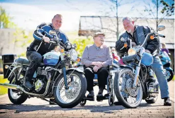  ??  ?? Have wheels ... will travel Bikers Alistair Lennox (left) and Scott Currie with veteran Jack McKay