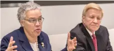  ?? | ASHLEE REZIN/ SUN- TIMES ?? Cook County Board President Toni Preckwinkl­e and Democratic primary challenger Bob Fioretti during Friday’smeeting with the Sun- Times editorial board.