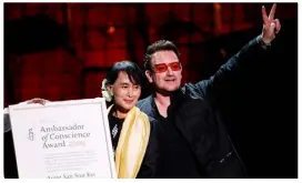  ??  ?? RIGHT OFF: Bono and Aung San Suu Kyi at the Bord Gais Theatre in 2009 when the great and the good of Ireland turned out to praise her. Photo: Julien Behal