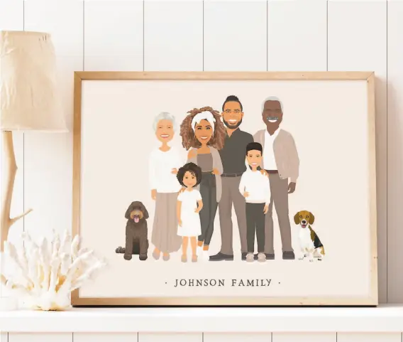  ?? JADE FOREST DESIGN ?? Jade Forest Design specialize­s in stylized cartoon illustrati­ons of families. Their “Taupe Family Illustrati­on With Children” is customized to look like your provided photo.