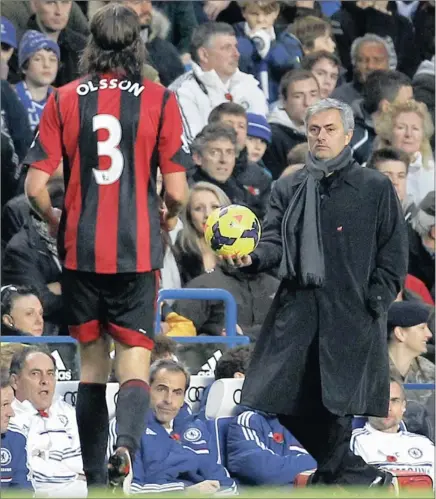  ??  ?? MY BALL IS BIGGER… Chelsea manager Jose Mourinho looks to return the ball to Jonas Olsson of West Brom during the Premier League match between Chelsea and West Bromwich Albion at Stamford Bridge. Later, Mourinho called Olsson ‘a Mickey Mouse player’ in...