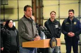  ?? TANIA BARRICKLO- DAILY FREEMAN ?? In this Dec. 2 file photo, Gov. Andrew Cuomo speaks at a news conference with local, county, and state officials at the state Thruway Authority Maintenanc­e Facility at Exit 19 in the town of Ulster.