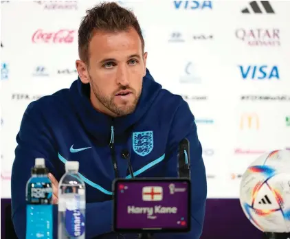  ?? (AP Photo/Abbie Parr) ?? England forward Harry Kane speaks to the media during a press conference at the Qatar National Convention Center on the eve of the group B World Cup soccer match between England and Iran, in Doha, Qatar, Sunday, Nov. 20, 2022.