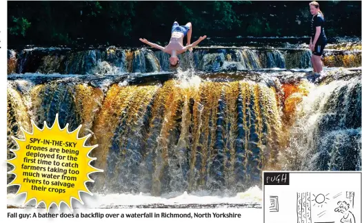  ??  ?? Fall guy: A bather does a backflip over a waterfall in Richmond, North Yorkshire