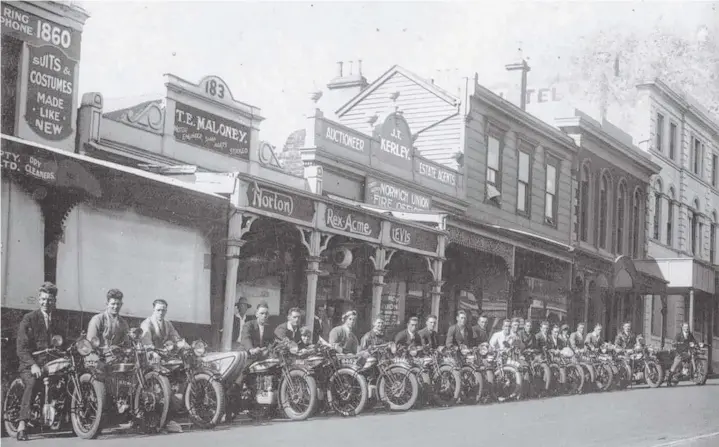  ??  ?? Members of the Geelong Norton Motorcycle Club line up outside Tom Maloney’s Norton bike shop in Moorabool St in April 1930.