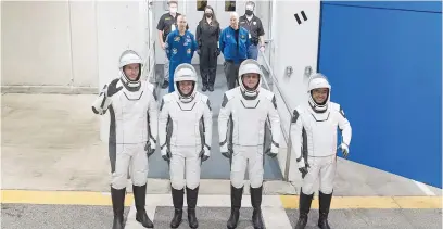  ??  ?? DRESS REHEARSAL. European Space Agency astronaut Thomas Pesquet, left, with Nasa astronauts Megan McArthur and Shane Kimbrough and Japan Aerospace Exploratio­n Agency astronaut Akihiko Hoshide.