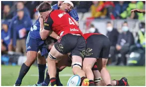  ?? Photo: ?? This tackle by Crusaders captain Scott Barrett on Blues prop Alex Hodgman in Christchur­ch last year resulted in Barrett being red carded.