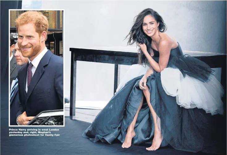  ??  ?? Prince Harry arriving in west London yesterday and, right, Meghan’s glamorous photoshoot for Vanity Fair