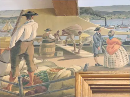  ?? TANIA BARRICKLO — DAILY FREEMAN ?? A portion of Olin Dows’ work in the Rhinebeck Post Office shows two Black men stooped over as they carry heavy bags to a waiting boat.