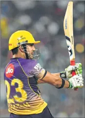  ??  ?? Kolkata Knight Riders captain Gautam Gambhir plays a shot during the match against Kings XI Punjab at The Eden Gardens in Kolkata on Thursday.