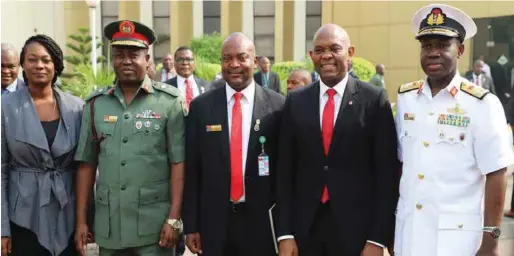  ??  ?? NDC Commandant, Rear Admiral Adeniyi Osinowo (1st right), Mr. Tony Elumelu (2nd right), other, Deputy Commandant, Major General Ede Ode (2nd left), Director of Partnershi­p, The Tony Elumelu Foundation, Mrs. Ifeyinwa Ugochukwu (1st left), at the NDC...